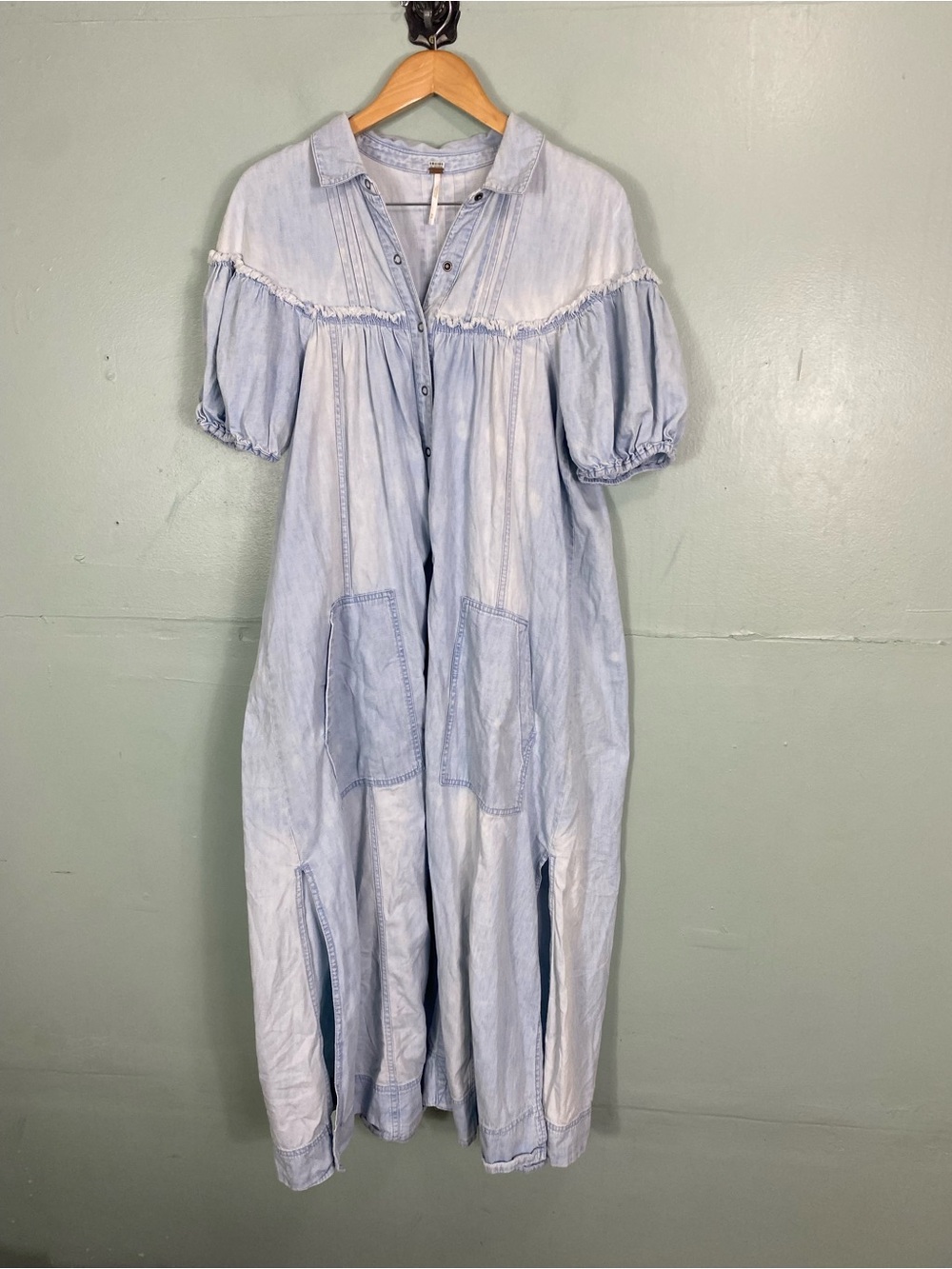 Free People On The Road Maxi Dress Denim Blue Bleached Medium Western Bohemian